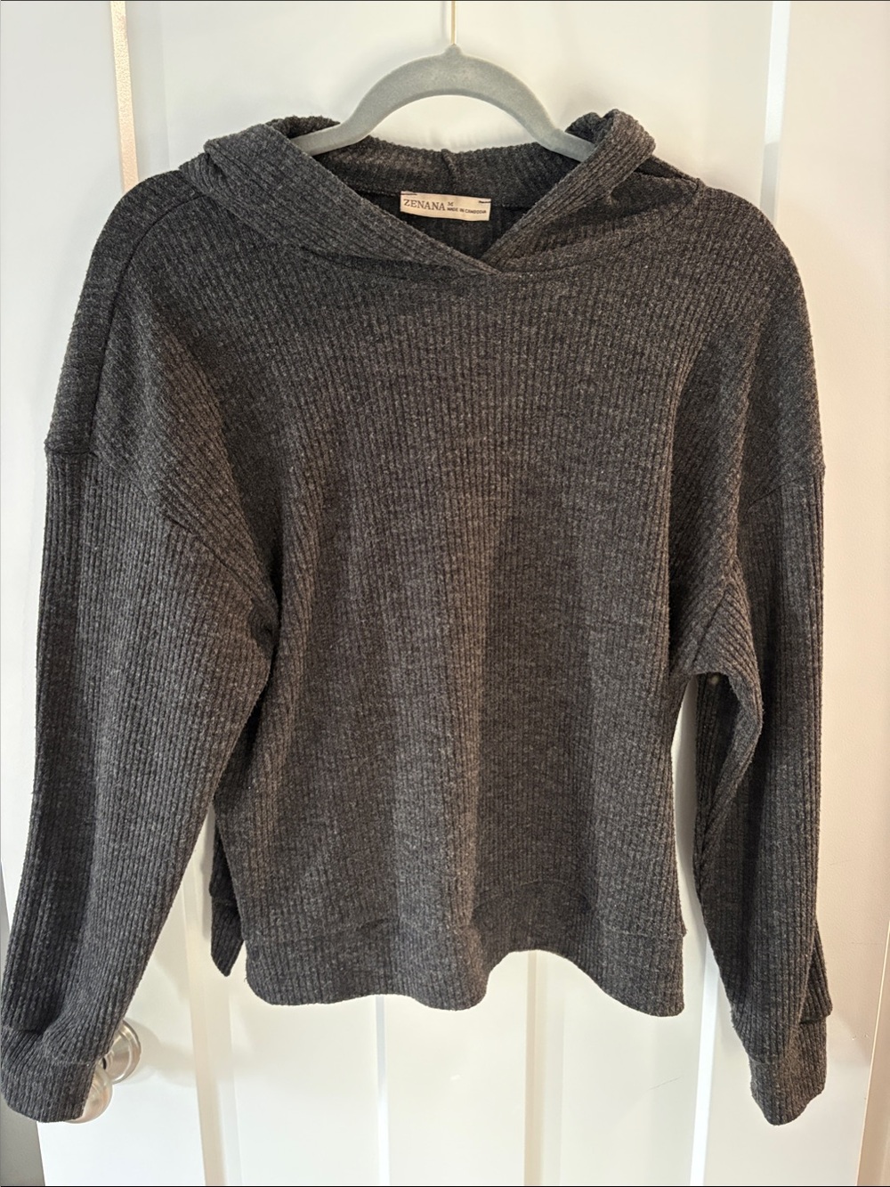 Zenana Outfitters Charcoal Ribbed Hooded Sweater